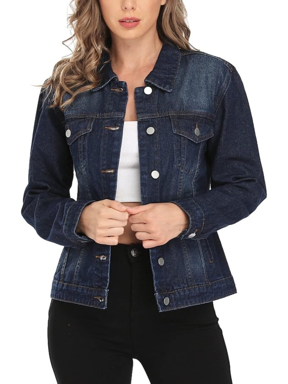 〽️Women's Dark Blue Denim Jacket Classic Button Up Long Sleeve Jean Coat